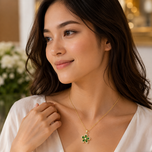 Model wearing Vibe Atelier Eternal Bloom Rotatable Flower Necklace, gold-plated with green and clear stones, front view.