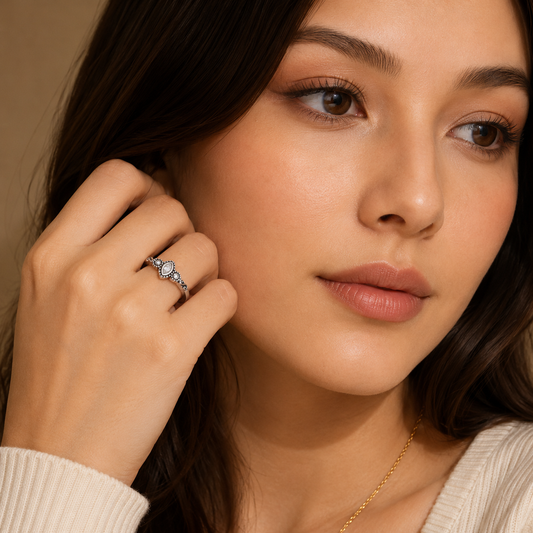 Close-up of a woman wearing the Whisper of Bali Dainty Silver Ring, featuring a teardrop-shaped stone.