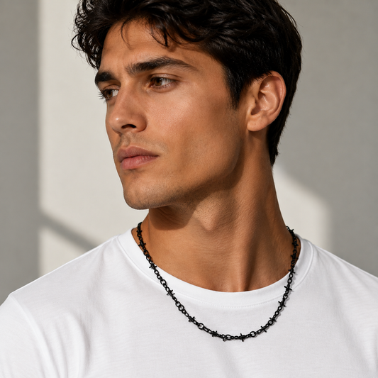 Vibe Atelier Vintage Street Style Chunky Chain Necklace, black, worn by a man in a white t-shirt, front angle.