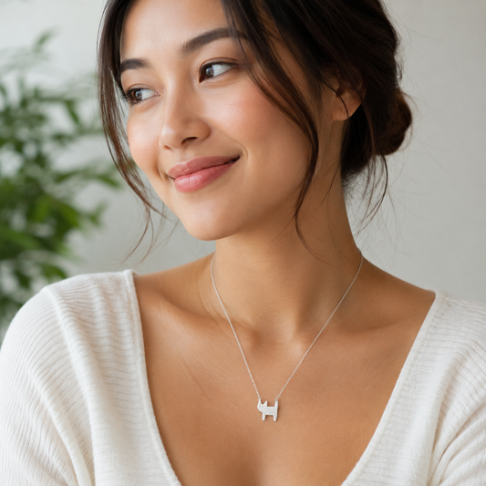 Vibe Atelier Whiskered Whisper Cat Necklace, silver, worn by a woman in a white shirt, lifestyle shot.